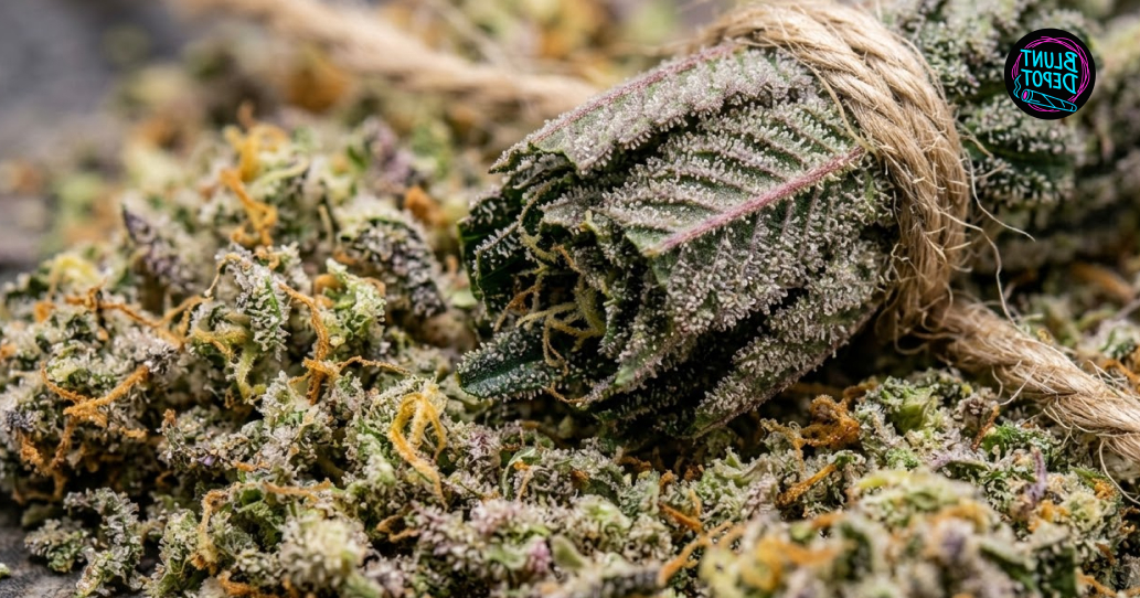 Cannabis lifestyle products featuring ground 99-MAC weed strain flower and associated fan leaves.