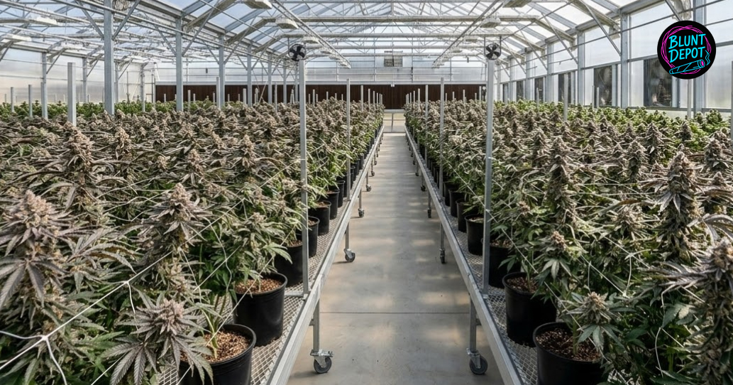 Indoor cultivation of Candyland cannabis plants under controlled lighting