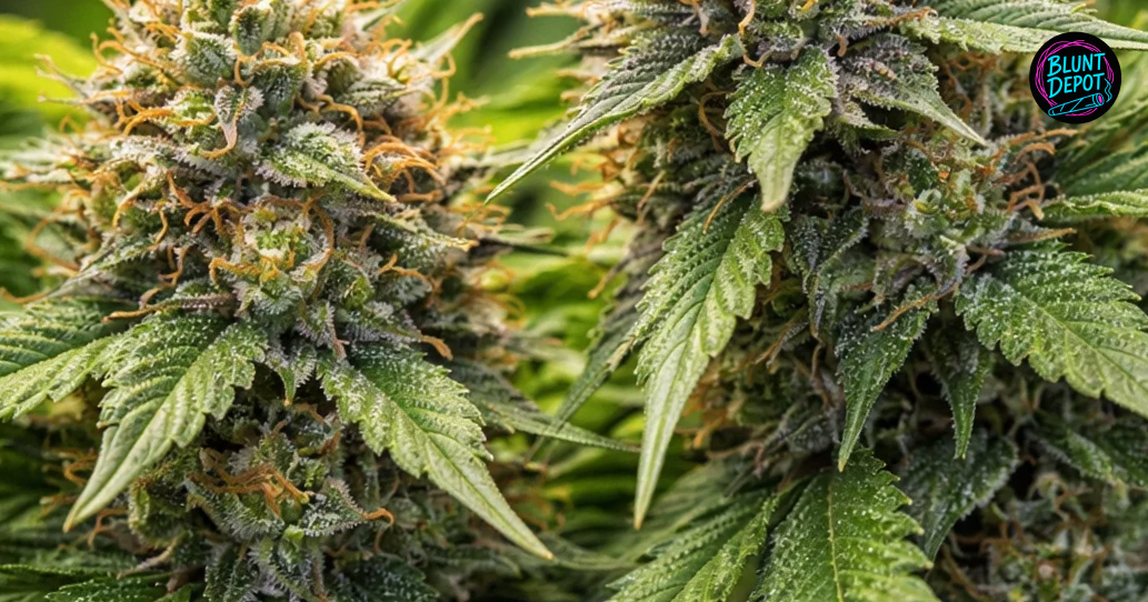 Extreme close-up of a purple Cereal Milk weed strain bud glistening with a thick layer of crystalline trichomes.