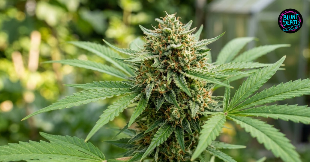 A healthy 99-MAC weed strain plant in a garden setting with a blurred background.