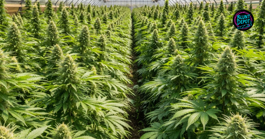 Lifestyle shot featuring Mimosa weed strain with dense, aromatic buds.