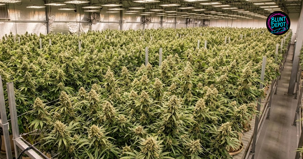 Lifestyle shot of Rainbow Sherbet weed strain with dense, colorful buds.