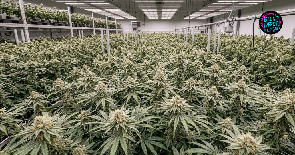 Lifestyle shot of Ghost Train Haze weed strain buds with dense resin coverage.