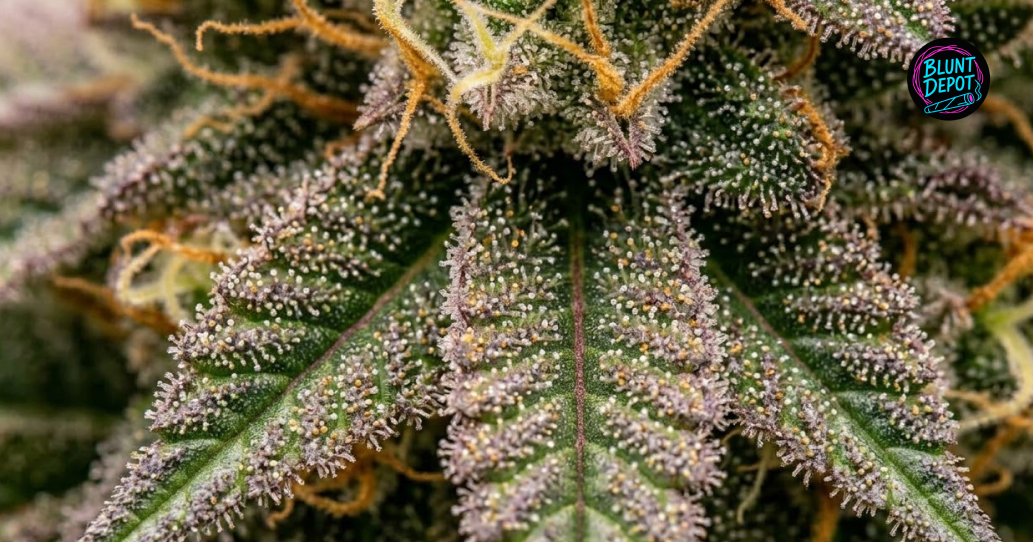 Macro photography of glandular trichomes and purple hues on 99-MAC weed strain leaves.