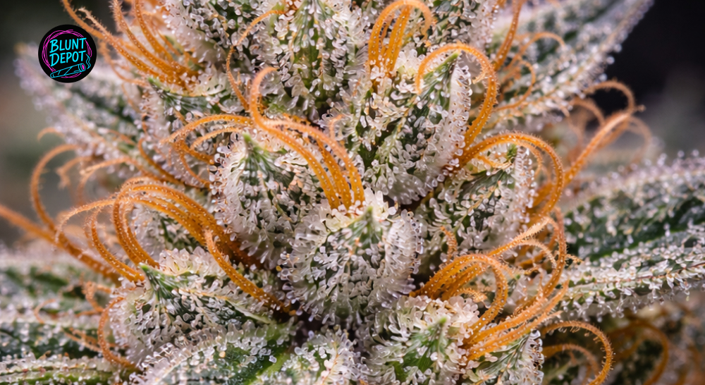 Extreme macro shot of orange pistils and milky white trichomes on a Skunk 1 cannabis bud.