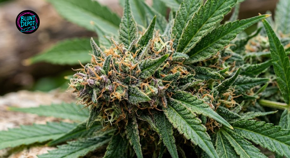 Close-up of trichomes on Apples and Bananas strain cannabis flower