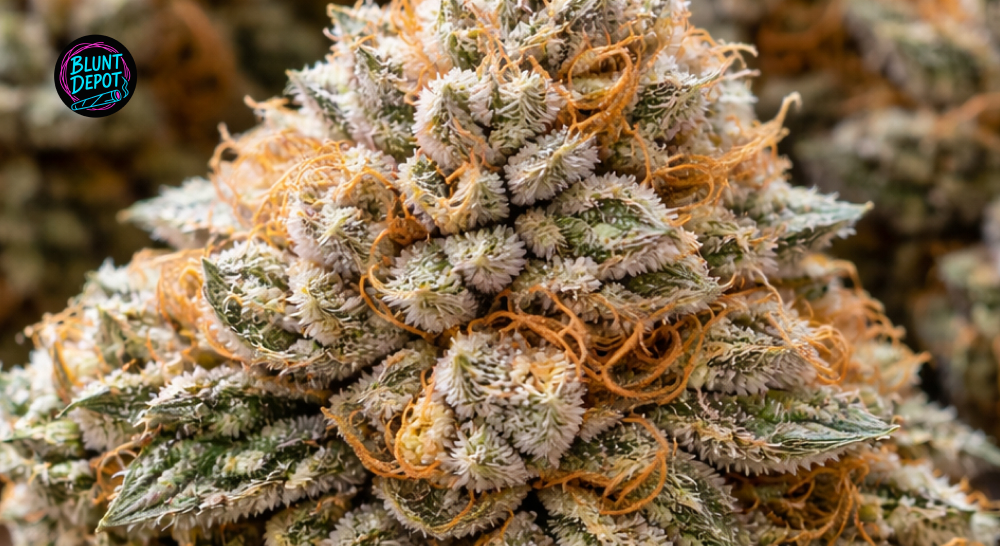 Detailed shot of trichomes on London Pound Cake weed strain buds
