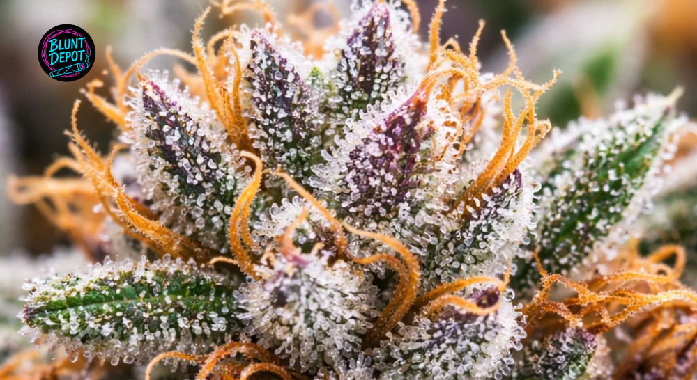 Macro photography of a Mac 1 weed strain bud showing deep violet accents and a thick layer of crystalline trichomes.