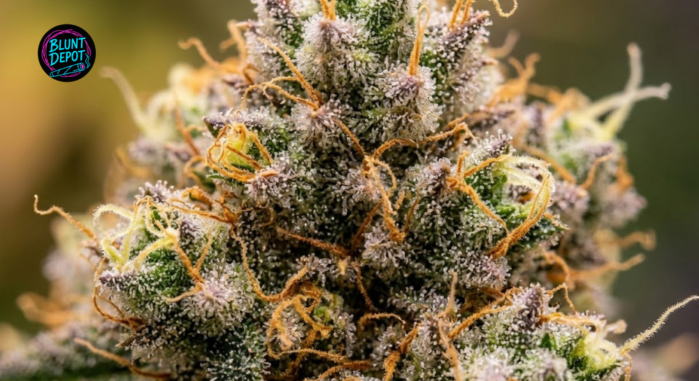 Macro photography of Blue Cookies weed strain flower with a dense coating of milky white trichomes.