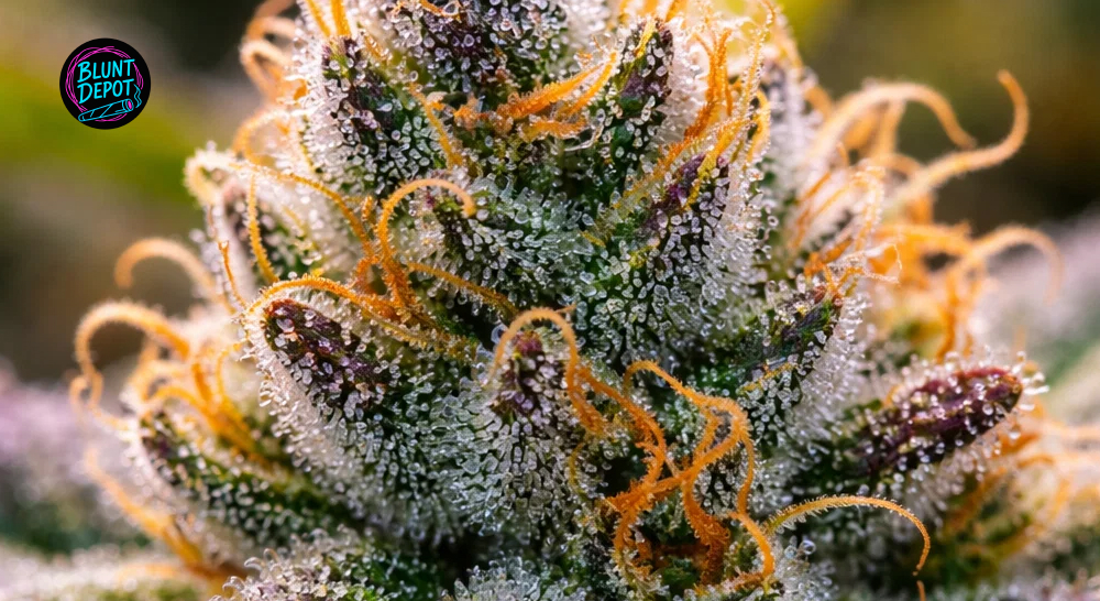 A breathtaking close-up of the Black Cherry Gelato weed strain, showcasing a heavy coat of crystalline trichomes.