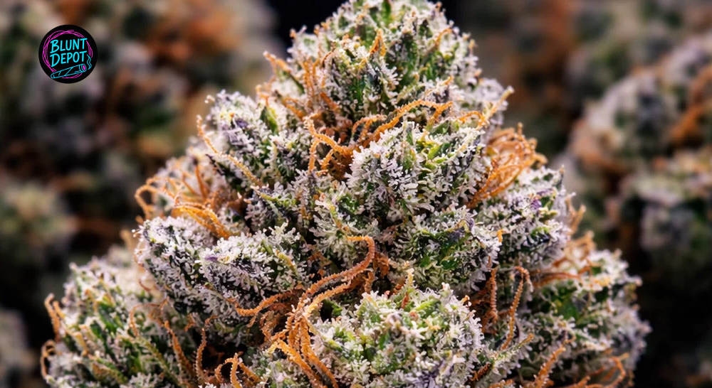 Macro photography of a Cap Junky cannabis bud showcasing purple undertones and a thick blanket of silver trichomes.