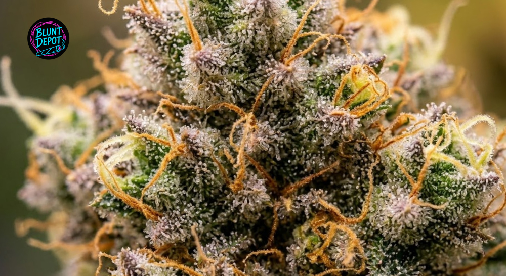 Macro shot of resin-rich buds from the Trop Cherry weed strain covered in silver crystals.