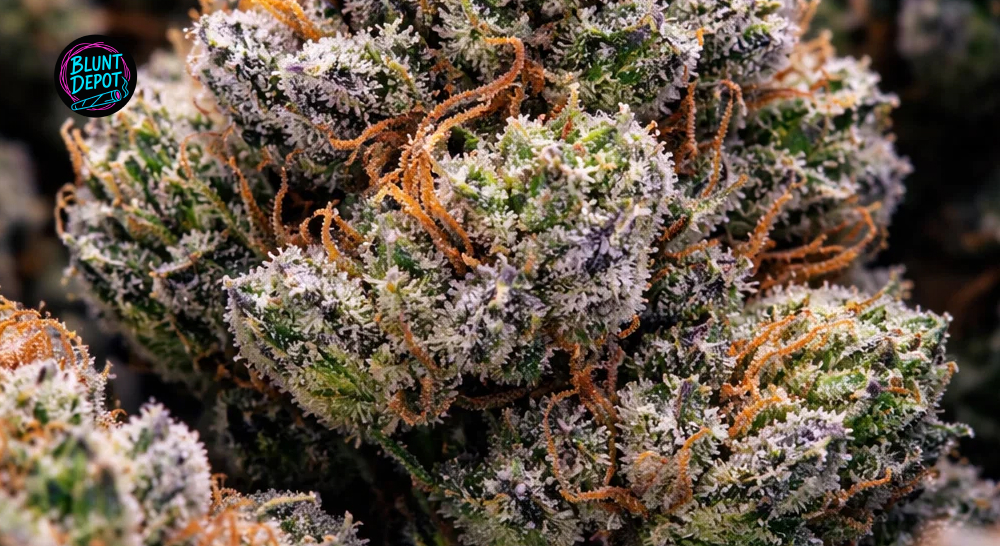 Semantically rich premium buds of the Rainbow Runtz weed strain featuring purple hues and heavy resin.