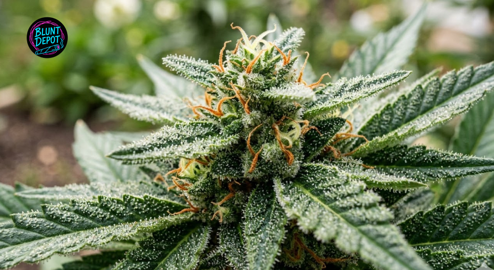 A live cannabis flower from the Cotton Candy weed strain with bright orange pistils and frosty leaves.