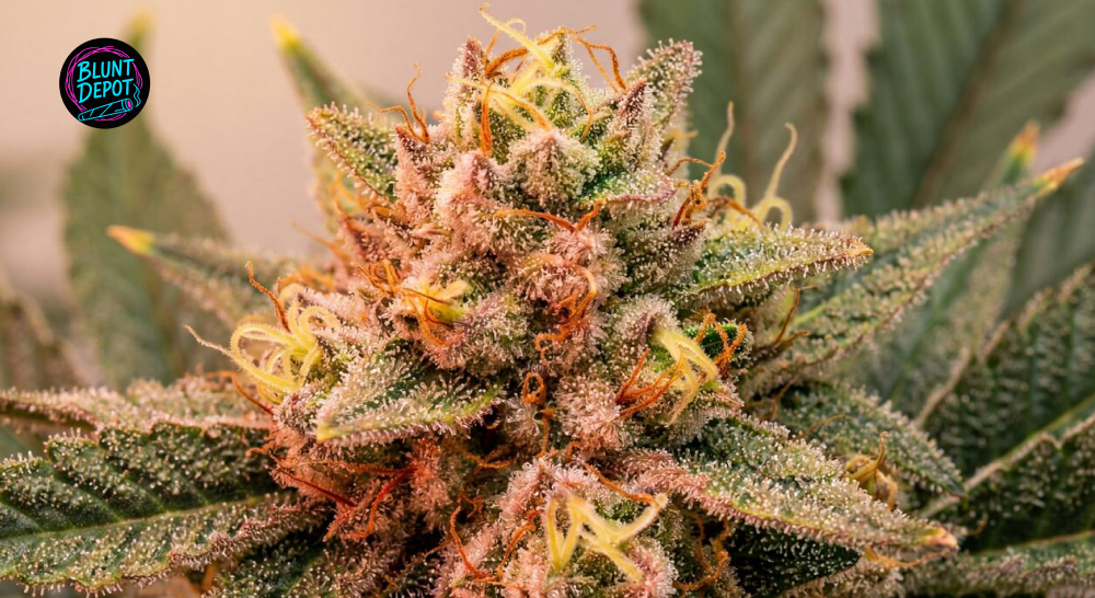 Close-up of trichomes on Strawberry Banana strain cannabis flower