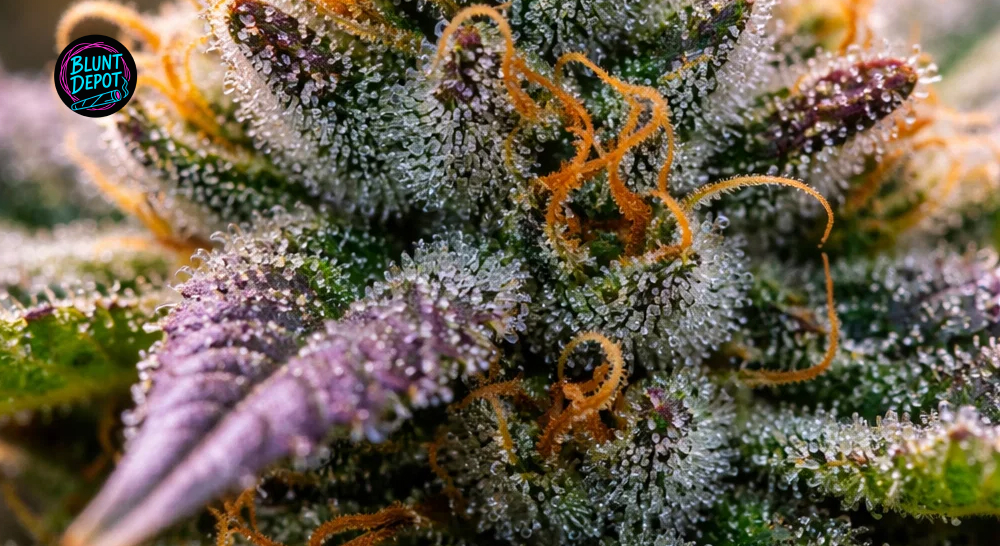 Close-up of a Watermelon Z weed strain flower showing deep purple and forest green colors.