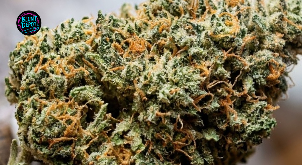 Extreme close-up of a dried and cured Jokerz weed strain bud covered in sparkling trichomes.