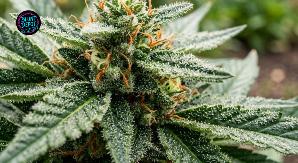 Macro photography of a live Cherry Runtz weed strain flower with frosty leaves and orange hairs.