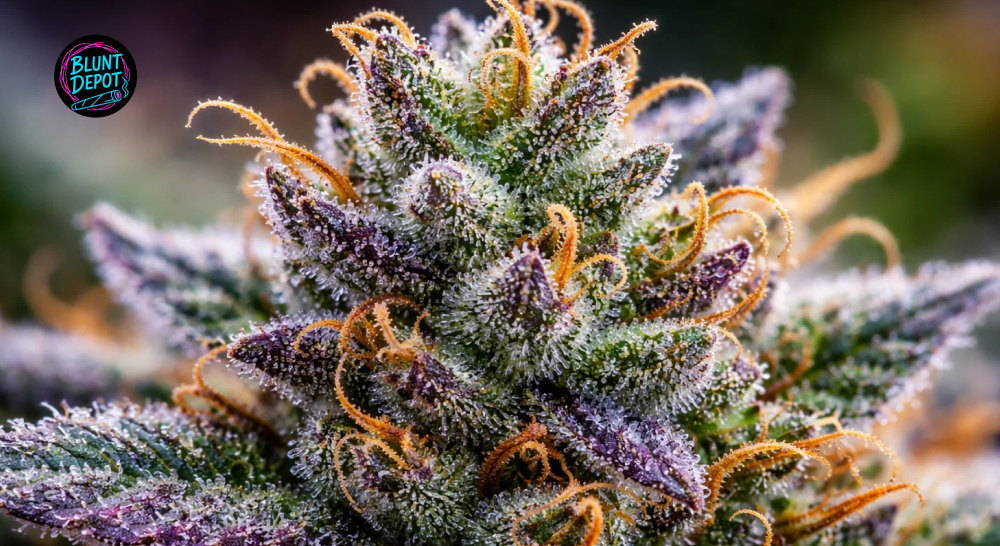 High-magnification view of the Red Velvet weed strain cannabis flower with purple leaves and resin glands.