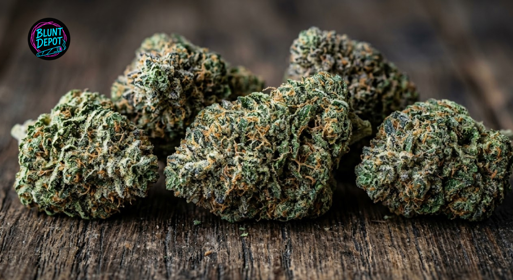 Several dense, dark green buds of the Guava weed strain on a rustic wooden background.2 24