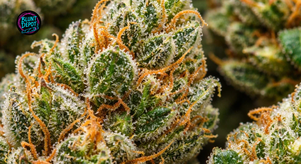 Macro photography of Carbon Fiber weed strain buds covered in a dense blanket of frosty white trichomes.