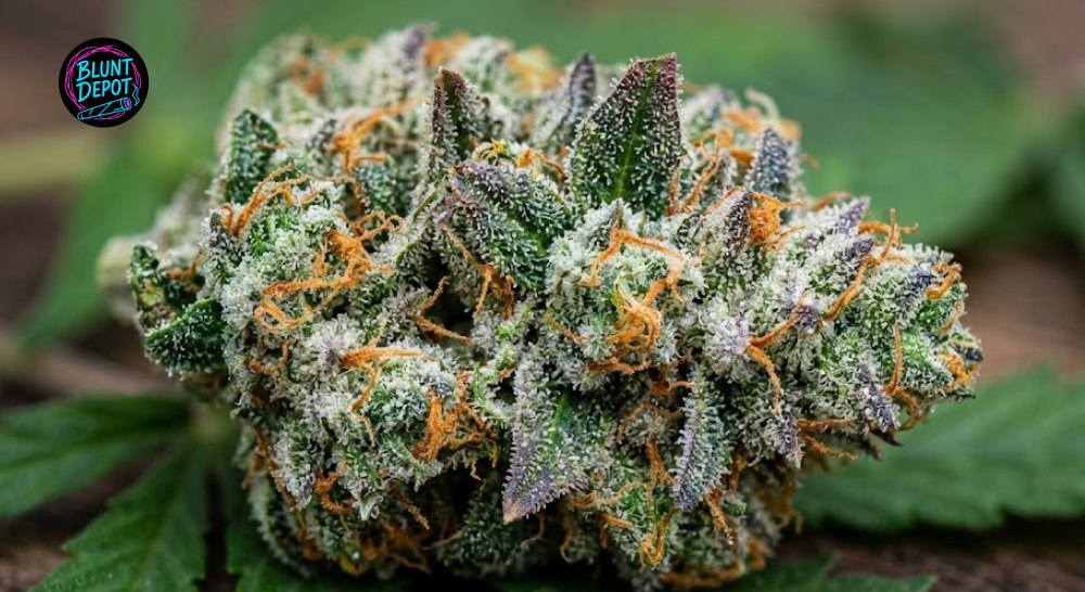 Trichomes and resin on Gelonade weed strain cannabis flower