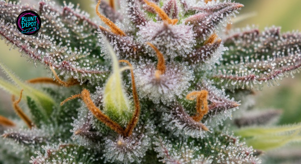 Extreme macro photography of a Truffle cannabis bud showing crystalline trichomes and amber pistils.
