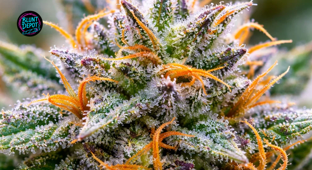 Macro shot of a Haze cannabis bud showing a dense layer of crystalline resin and delicate orange hairs.