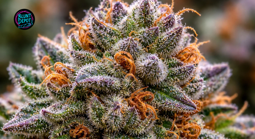 Extreme close-up of a Limoncello cannabis bud showing dense white crystals and vibrant orange pistils.