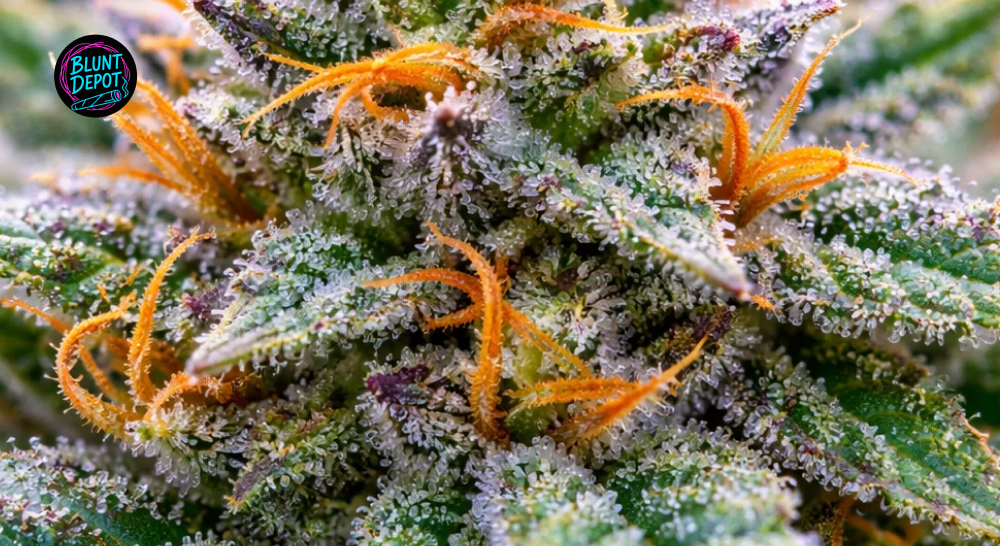 Extreme macro photography of a Cali Kush cannabis bud showing glistening crystalline resin and bright orange pistils.
