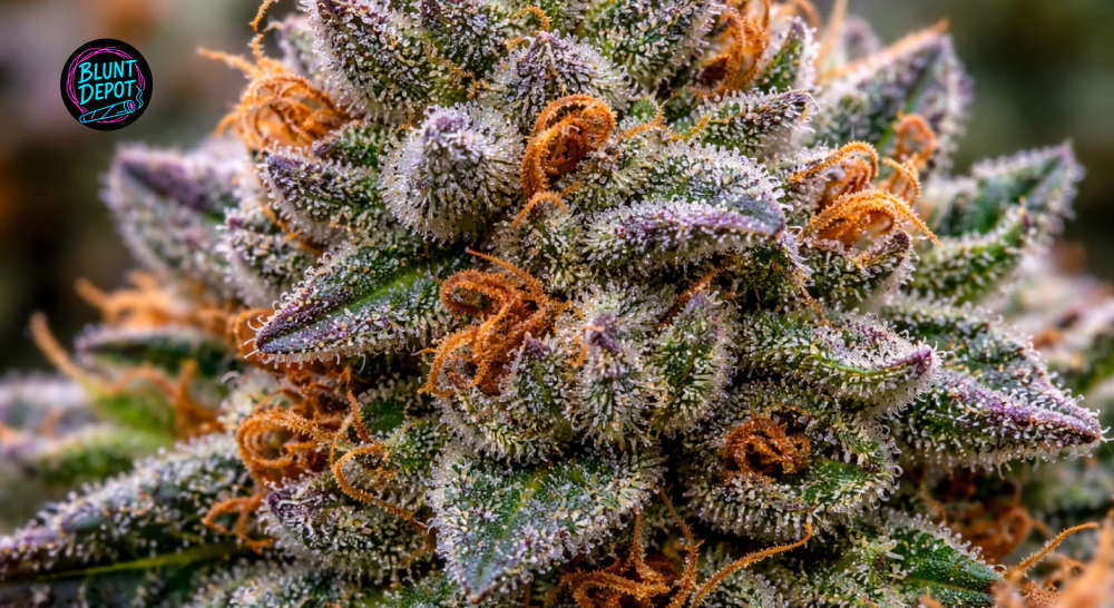 Extreme macro shot of a Grape Pie cannabis bud showcasing glistening crystalline resin and deep purple accents.