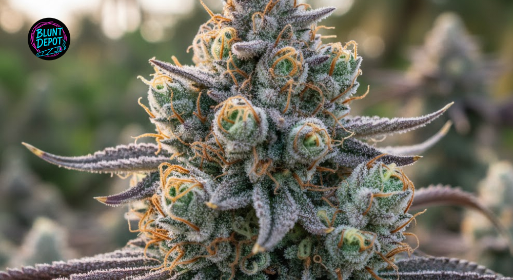 Detailed macro shot of crystal-covered trichomes on a Zookies weed strain flower.