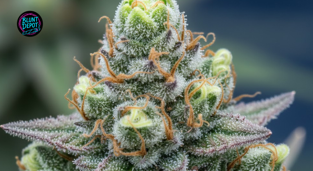 Macro photography of shimmering resin glands and trichomes on a White Fire OG weed strain flower.
