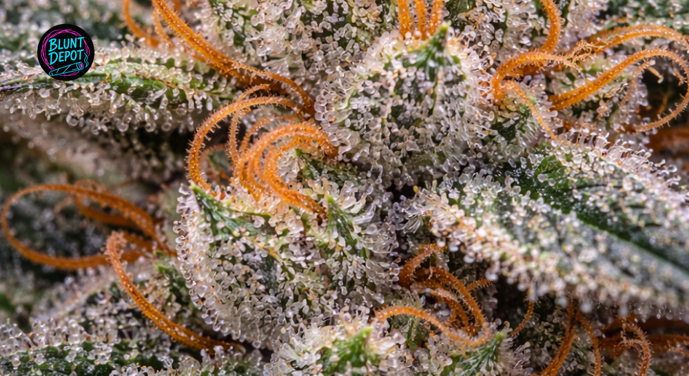 Macro photography of shimmering glandular trichomes on a mature Animal Face weed strain flower.