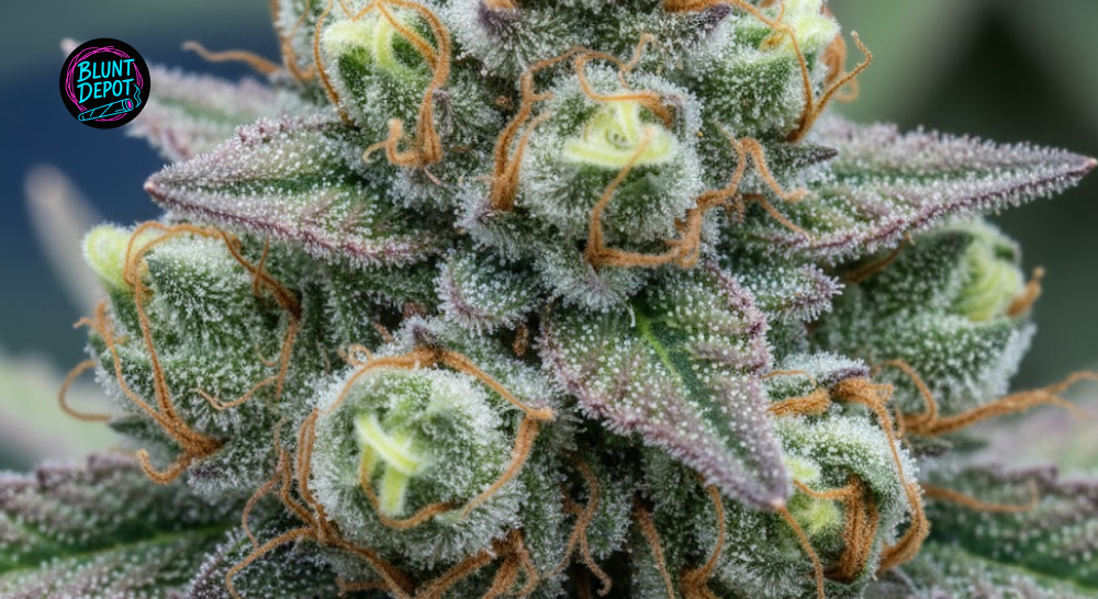 Macro photography of shimmering, crystal-like trichomes on a mature The Soap weed strain flower.