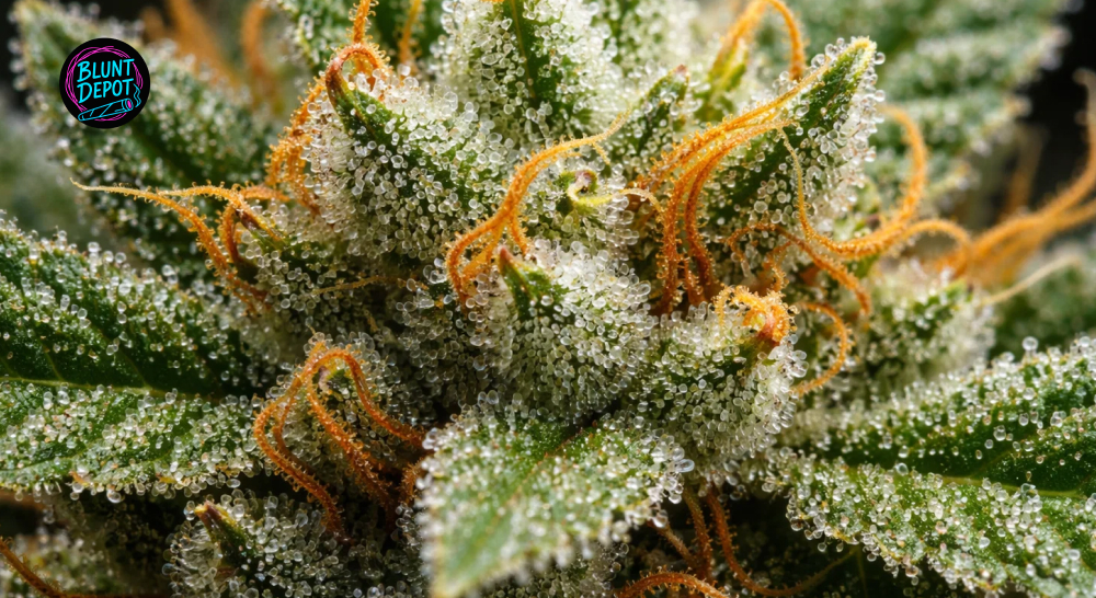 Macro photo of crystalline resin glands and amber trichomes covering the surface of an Amnesia weed strain flower.