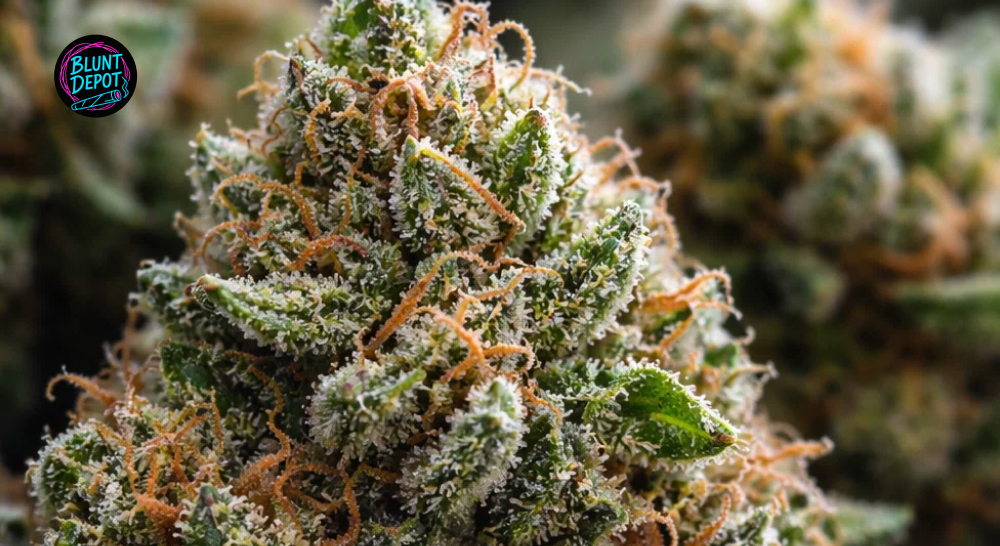 A detailed view of a premium cannabis bud from the Nerds strain featuring deep green leaves and bright orange hairs.