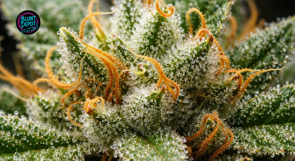 A close-up shot of a dense, frosted HeadBang weed strain bud featuring bright orange pistils and deep green leaves.