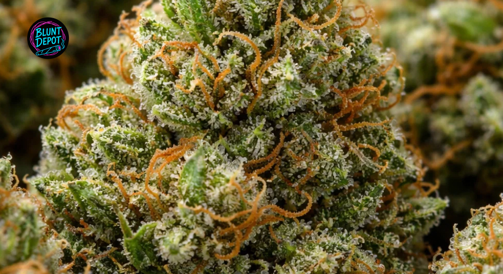 A detailed view of a Galactic Jack weed strain bud featuring bright green foliage and a heavy coating of frosty resin.