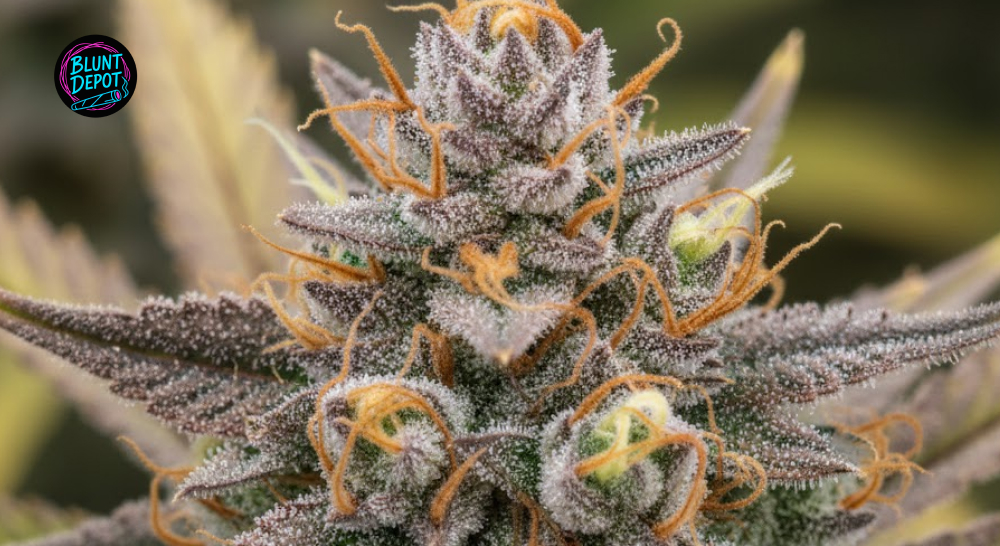 A close-up shot of a dense, frosted Mango Kush weed strain bud featuring bright orange pistils and deep green leaves.