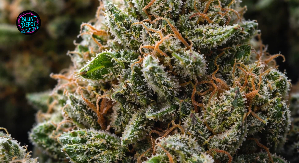 A detailed view of a Motorbreath weed strain bud featuring vibrant green foliage and a heavy coating of frosty resin glands.