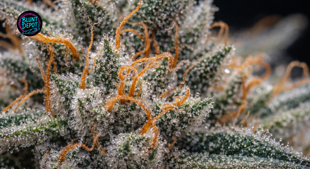 A detailed close-up of a premium Blue Zushi weed strain bud showing deep green and purple hues under a thick layer of resin.