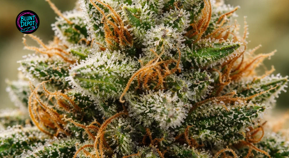 Close-up of dense Durban Poison cannabis flower buds covered in sparkling trichomes.