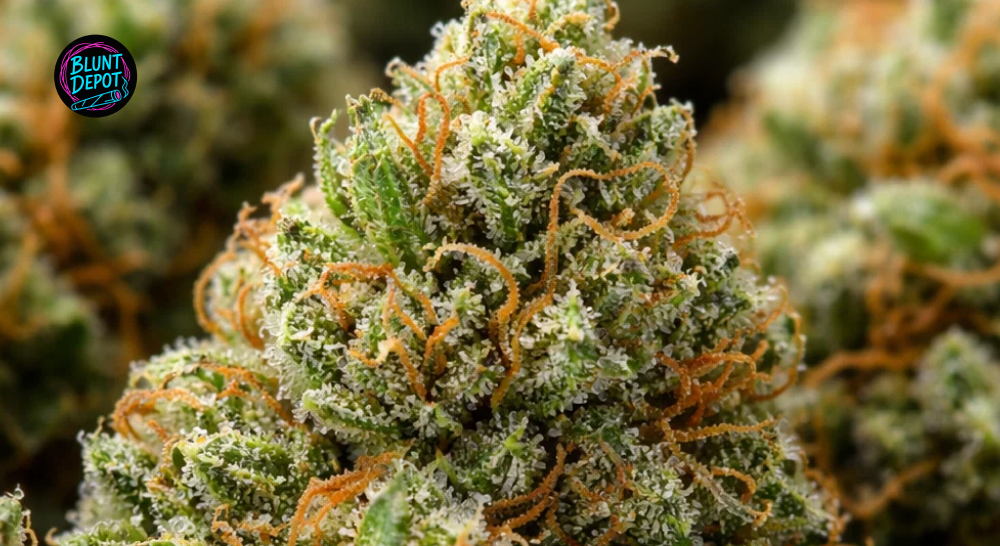 Detailed view of the dense, resin-rich buds of the Khalifa Kush hybrid strain.