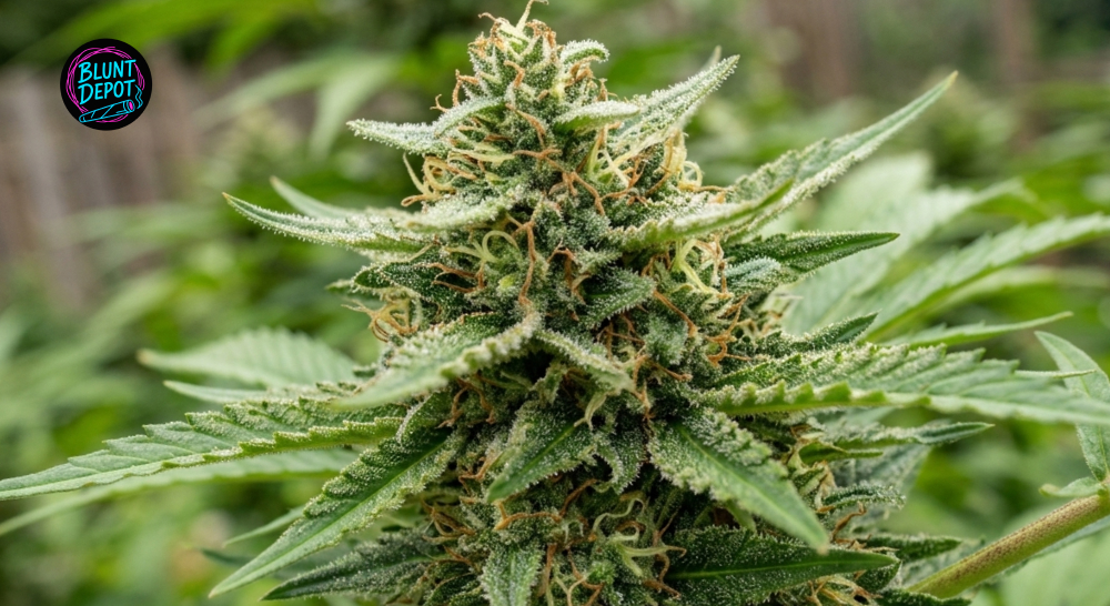 Close-up of an Ice Cream weed strain flower showing thick crystalline resin and curling orange hairs during the bloom phase.