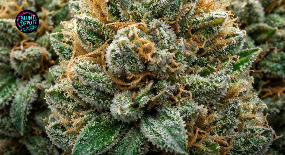Macro photography of Tropical Runtz strain buds covered in a thick layer of white crystalline trichomes and orange hairs.