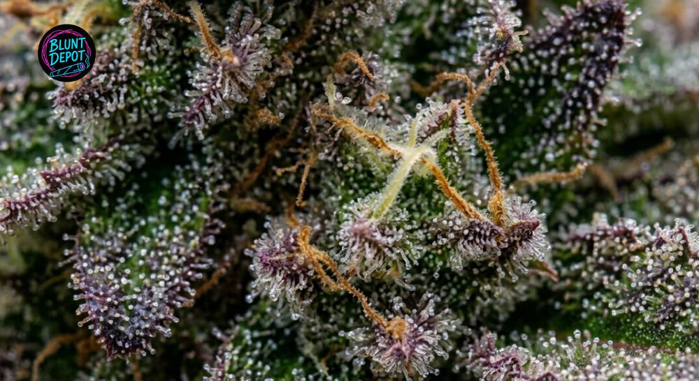 Macro photography of Grape Gasoline weed strain flower showing deep purple calyxes and white trichomes.