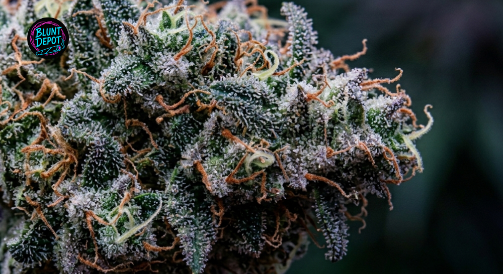 Macro photography of Lilac Diesel weed strain buds featuring frosty trichomes and amber pistils.