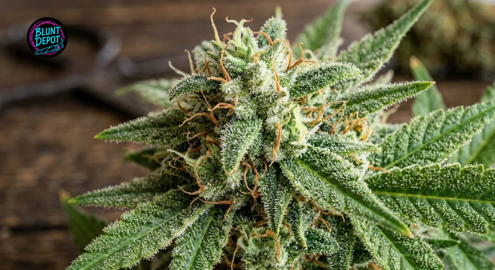 Close-up of dense Super Lemon Haze cannabis flower buds coated in frosty trichomes.