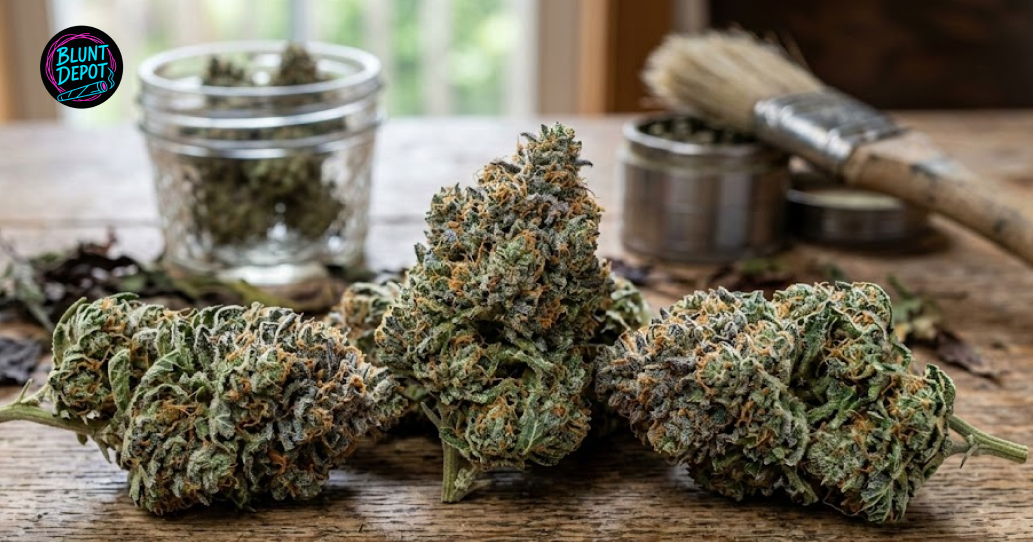 Glass jar filled with Apples and Bananas cannabis flower on display